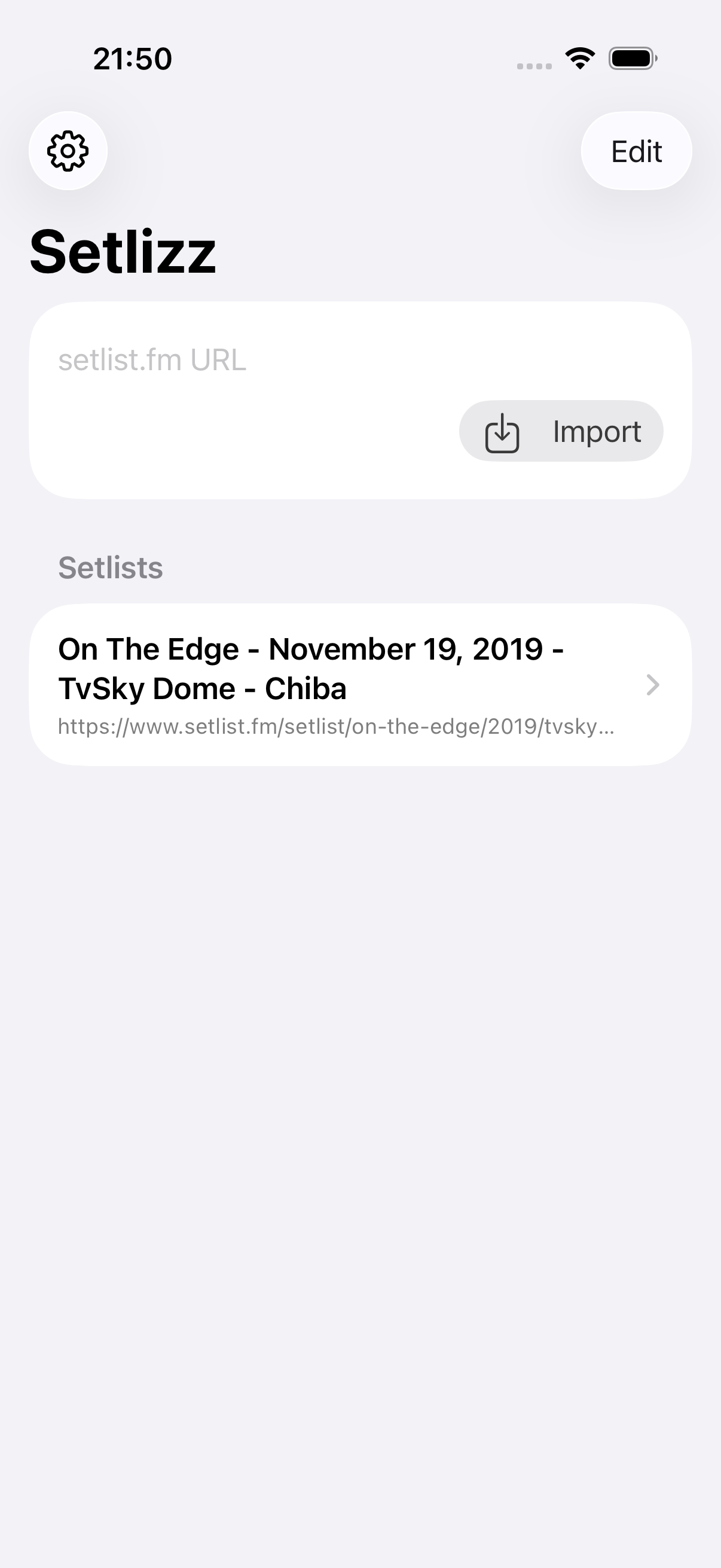 Setlist list screen showing imported concerts