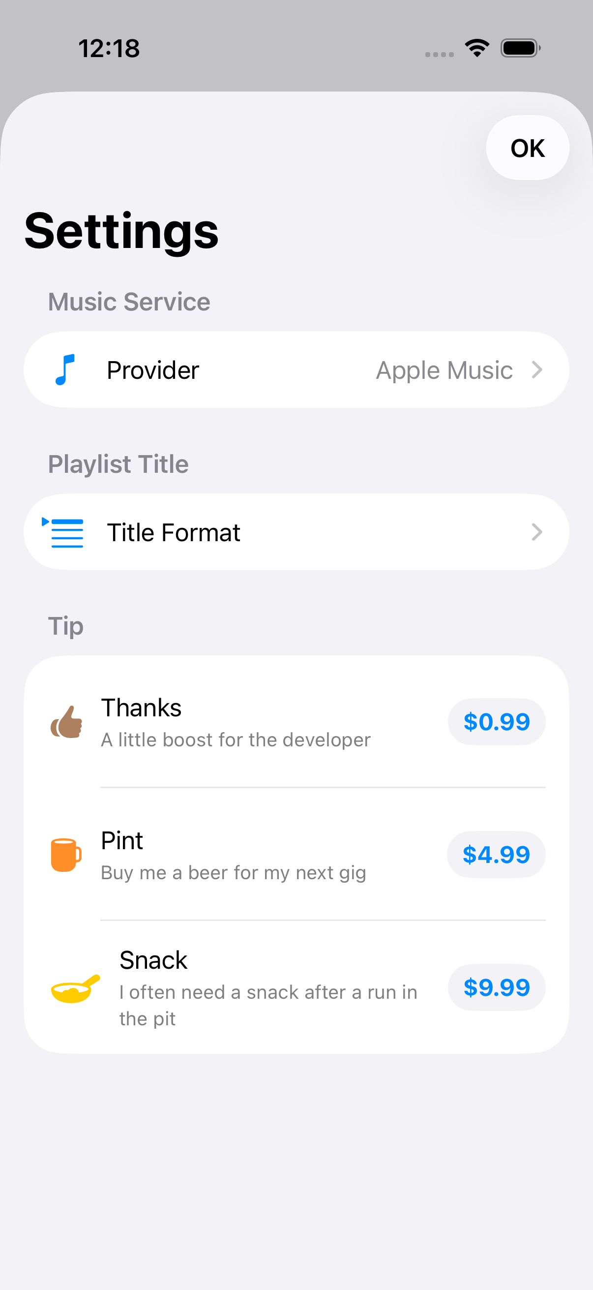 Settings screen with music provider and title format options